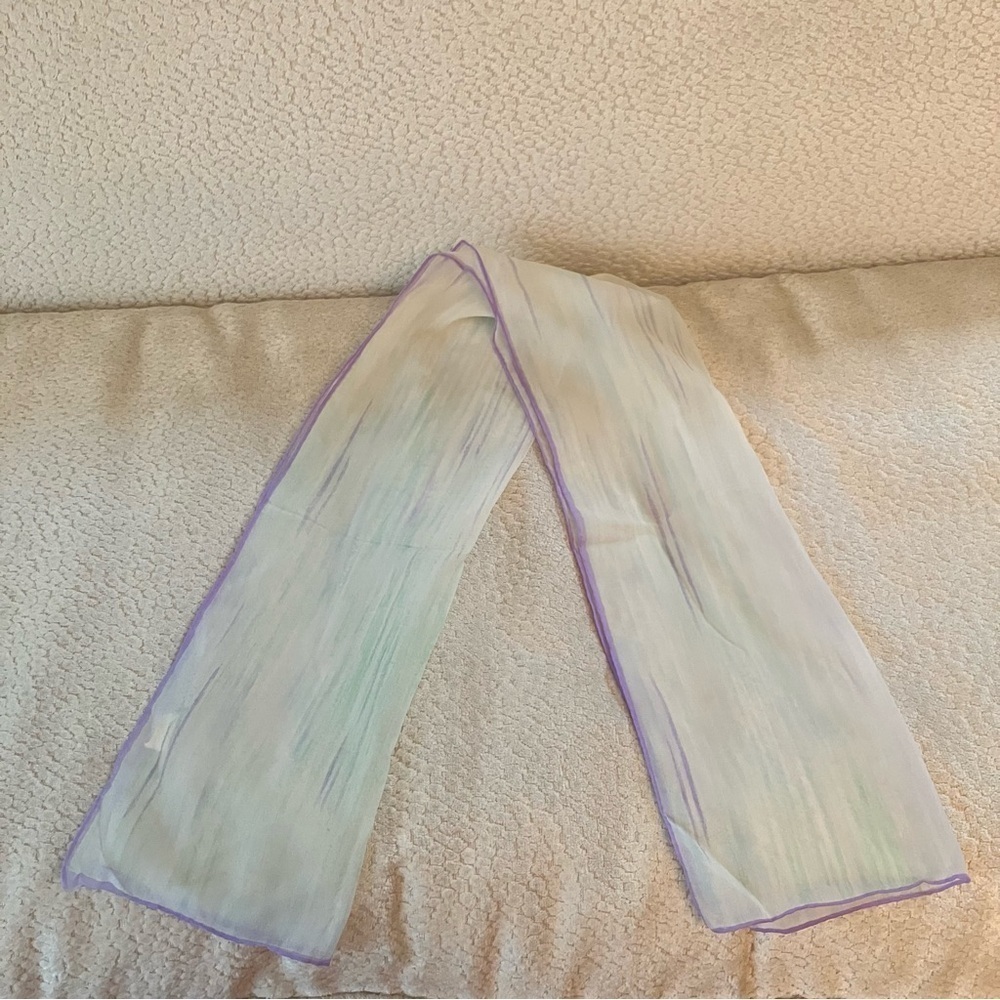 VTG Japanese Nylon Rectangle Scarf Pastel Purple Watercolor Stripe 13in X 42in